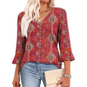 image:imageWIHOLL Womens Blouses Dressy Casual 34 Length Sleeve Tops Lace Trendy 2026 Spring Summer V Neck Shirts Vacation OutfitsPrint Boho