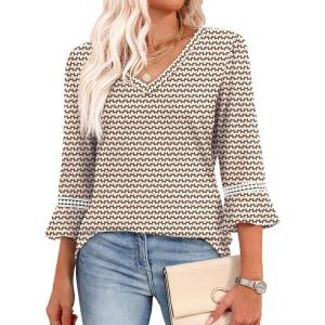 image:imageWIHOLL Womens Blouses Dressy Casual 34 Length Sleeve Tops Lace Trendy 2026 Spring Summer V Neck Shirts Vacation OutfitsPrint Brown