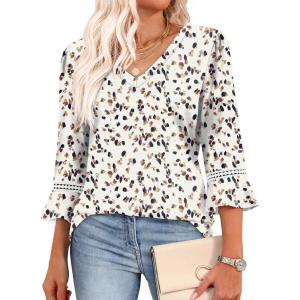 image:imageWIHOLL Womens Blouses Dressy Casual 34 Length Sleeve Tops Lace Trendy 2026 Spring Summer V Neck Shirts Vacation OutfitsPrint Dots