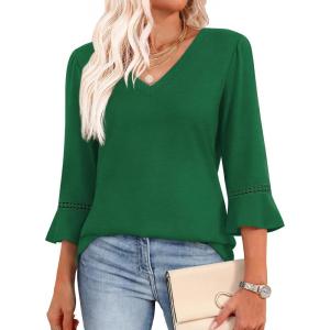 image:imageWIHOLL Womens Blouses Dressy Casual 34 Length Sleeve Tops Lace Trendy 2026 Spring Summer V Neck Shirts Vacation OutfitsPure Green