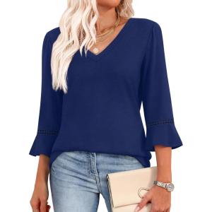image:imageWIHOLL Womens Blouses Dressy Casual 34 Length Sleeve Tops Lace Trendy 2026 Spring Summer V Neck Shirts Vacation OutfitsPure Navy
