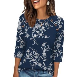 image:imageWIHOLL Womens Blouses Dressy Casual 34 Length Sleeve Tops Spring Summer Shirts Business Casual Outfits VacationFloral Navy