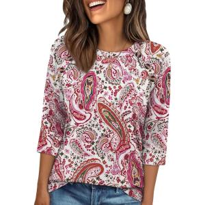 image:imageWIHOLL Womens Blouses Dressy Casual 34 Length Sleeve Tops Spring Summer Shirts Business Casual Outfits VacationPattern Pink Boho