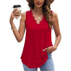 image:imageWIHOLL Womens Loose Fit V Neck Lace Sleeveless Summer Tank Top1red