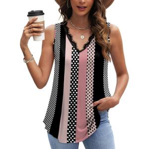 image:imageWIHOLL Womens Loose Fit V Neck Lace Sleeveless Summer Tank Top2stripe Pink