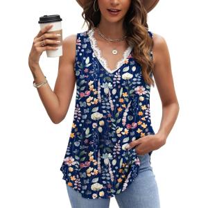 image:imageWIHOLL Womens Loose Fit V Neck Lace Sleeveless Summer Tank Top3navy Blue Floral
