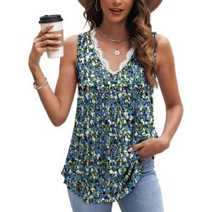 image:imageWIHOLL Womens Loose Fit V Neck Lace Sleeveless Summer Tank TopSfloral Blue