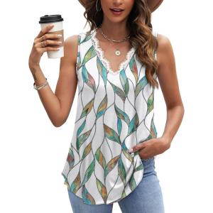 image:imageWIHOLL Womens Loose Fit V Neck Lace Sleeveless Summer Tank TopSmulti Leaf
