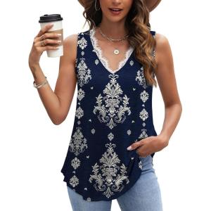 image:imageWIHOLL Womens Loose Fit V Neck Lace Sleeveless Summer Tank TopUnavy Blue Ethnic Pattern