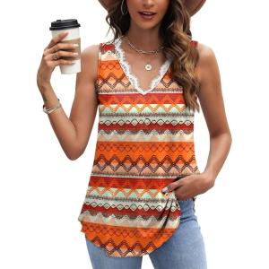 image:imageWIHOLL Womens Loose Fit V Neck Lace Sleeveless Summer Tank TopUorange Boho