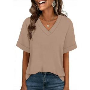 image:imageWIHOLL Womens Oversized V Neck Tshirts Plus Size Summer Tops 2026 Short Rolled Sleeve Shirts Dressy Casual Blouses S4XLBeige