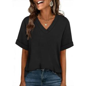 image:imageWIHOLL Womens Oversized V Neck Tshirts Plus Size Summer Tops 2026 Short Rolled Sleeve Shirts Dressy Casual Blouses S4XLBlack