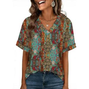 image:imageWIHOLL Womens Oversized V Neck Tshirts Plus Size Summer Tops 2026 Short Rolled Sleeve Shirts Dressy Casual Blouses S4XLBoho