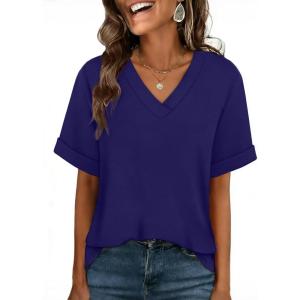 image:imageWIHOLL Womens Oversized V Neck Tshirts Plus Size Summer Tops 2026 Short Rolled Sleeve Shirts Dressy Casual Blouses S4XLDark Blue