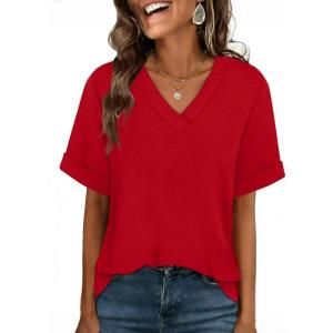 image:imageWIHOLL Womens Oversized V Neck Tshirts Plus Size Summer Tops 2026 Short Rolled Sleeve Shirts Dressy Casual Blouses S4XLRed