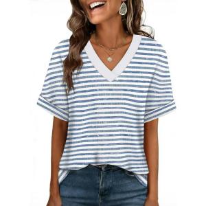 image:imageWIHOLL Womens Oversized V Neck Tshirts Plus Size Summer Tops 2026 Short Rolled Sleeve Shirts Dressy Casual Blouses S4XLStripe Blue