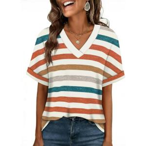 image:imageWIHOLL Womens Oversized V Neck Tshirts Plus Size Summer Tops 2026 Short Rolled Sleeve Shirts Dressy Casual Blouses S4XLStripe Color