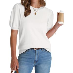 image:imageWIHOLL Womens Puff Short Sleeve Sweater 2026 Spring Summer Tops Trendy Business Causal Outfits Work Blouses Clothes01  White