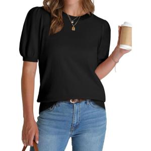 image:imageWIHOLL Womens Puff Short Sleeve Sweater 2026 Spring Summer Tops Trendy Business Causal Outfits Work Blouses ClothesBlack