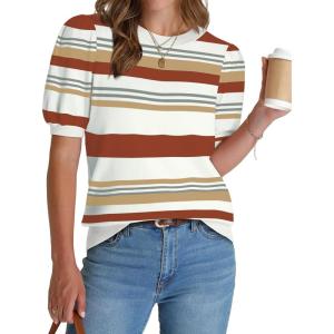 image:imageWIHOLL Womens Puff Short Sleeve Sweater 2026 Spring Summer Tops Trendy Business Causal Outfits Work Blouses ClothesCaramel Stripe
