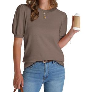 image:imageWIHOLL Womens Puff Short Sleeve Sweater 2026 Spring Summer Tops Trendy Business Causal Outfits Work Blouses ClothesCoffee