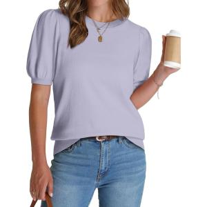 image:imageWIHOLL Womens Puff Short Sleeve Sweater 2026 Spring Summer Tops Trendy Business Causal Outfits Work Blouses ClothesLight Grey
