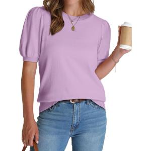 image:imageWIHOLL Womens Puff Short Sleeve Sweater 2026 Spring Summer Tops Trendy Business Causal Outfits Work Blouses ClothesLight Purple