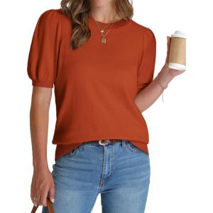 image:imageWIHOLL Womens Puff Short Sleeve Sweater 2026 Spring Summer Tops Trendy Business Causal Outfits Work Blouses ClothesOrange