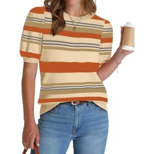 image:imageWIHOLL Womens Puff Short Sleeve Sweater 2026 Spring Summer Tops Trendy Business Causal Outfits Work Blouses ClothesOrange Stripe