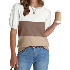 image:imageWIHOLL Womens Puff Short Sleeve Sweater 2026 Spring Summer Tops Trendy Business Causal Outfits Work Blouses ClothesWhite Brown Khaki