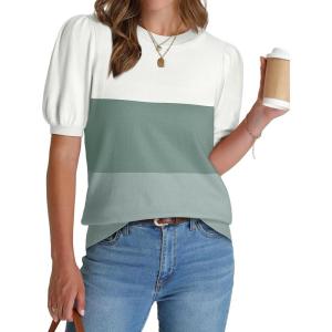 image:imageWIHOLL Womens Puff Short Sleeve Sweater 2026 Spring Summer Tops Trendy Business Causal Outfits Work Blouses ClothesWhite Green Blue