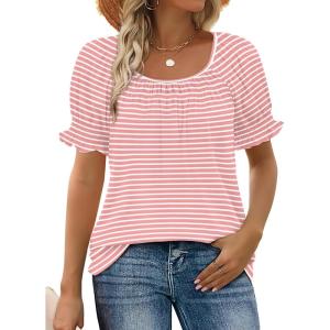 image:imageWIHOLL Womens Short Sleeve Square Neck Summer Tops Dressy Casual Blouses Trendy Clothes 2026A  Pink Stripe