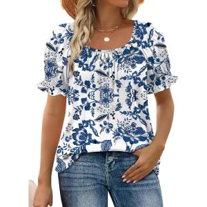 image:imageWIHOLL Womens Short Sleeve Square Neck Summer Tops Dressy Casual Blouses Trendy Clothes 2026B  Blue Floral Print