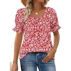 image:imageWIHOLL Womens Short Sleeve Square Neck Summer Tops Dressy Casual Blouses Trendy Clothes 2026B  Red White Floral