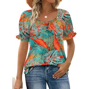 image:imageWIHOLL Womens Short Sleeve Square Neck Summer Tops Dressy Casual Blouses Trendy Clothes 2026B  Tropical Print