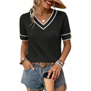image:imageWIHOLL Womens Short Sleeve Sweater Lightweight Knit Tops Summer Spring Shirts with Buttons Trendy1black White Striped