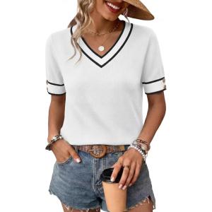 image:imageWIHOLL Womens Short Sleeve Sweater Lightweight Knit Tops Summer Spring Shirts with Buttons Trendy1white Black Striped