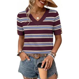 image:imageWIHOLL Womens Short Sleeve Sweater Lightweight Knit Tops Summer Spring Shirts with Buttons Trendy2burgundy Blue Striped