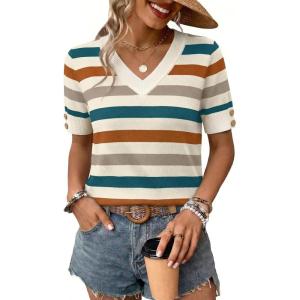 image:imageWIHOLL Womens Short Sleeve Sweater Lightweight Knit Tops Summer Spring Shirts with Buttons Trendy2orange Green Striped