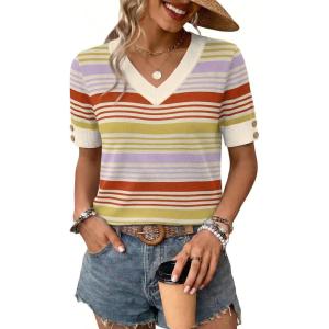 image:imageWIHOLL Womens Short Sleeve Sweater Lightweight Knit Tops Summer Spring Shirts with Buttons Trendy3yellow Purple Striped