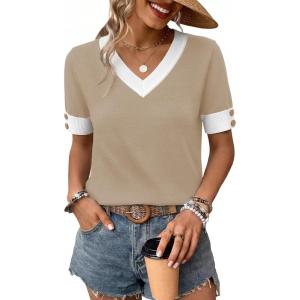 image:imageWIHOLL Womens Short Sleeve Sweater Lightweight Knit Tops Summer Spring Shirts with Buttons Trendy6beige