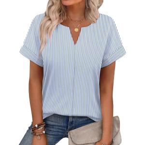 image:imageWIHOLL Womens Summer Tops 2026 Short Sleeve V Neck T Shirts Fashion Beach Vacation Clothes Business Casual OutfitsBlue White Stripes