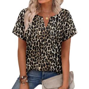 image:imageWIHOLL Womens Summer Tops 2026 Short Sleeve V Neck T Shirts Fashion Beach Vacation Clothes Business Casual OutfitsLeopard