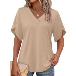 image:imageWIHOLL Womens Summer Tops Short Petal Sleeve Shirts Fashion V Neck Womens Clothing01 Beige