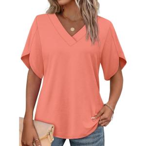 image:imageWIHOLL Womens Summer Tops Short Petal Sleeve Shirts Fashion V Neck Womens Clothing01 Coral