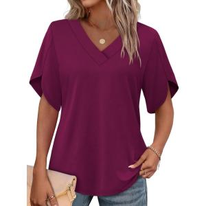 image:imageWIHOLL Womens Summer Tops Short Petal Sleeve Shirts Fashion V Neck Womens Clothing01 Deeppurple