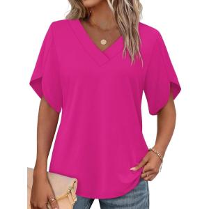 image:imageWIHOLL Womens Summer Tops Short Petal Sleeve Shirts Fashion V Neck Womens Clothing01 Hotpink