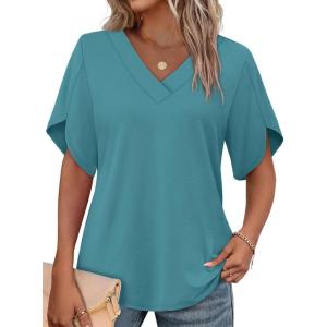 image:imageWIHOLL Womens Summer Tops Short Petal Sleeve Shirts Fashion V Neck Womens Clothing01 Lakeblue