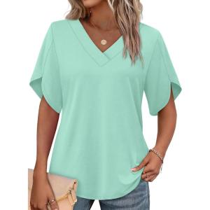 image:imageWIHOLL Womens Summer Tops Short Petal Sleeve Shirts Fashion V Neck Womens Clothing01 Lakegreen