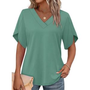 image:imageWIHOLL Womens Summer Tops Short Petal Sleeve Shirts Fashion V Neck Womens Clothing01 Lightgreen